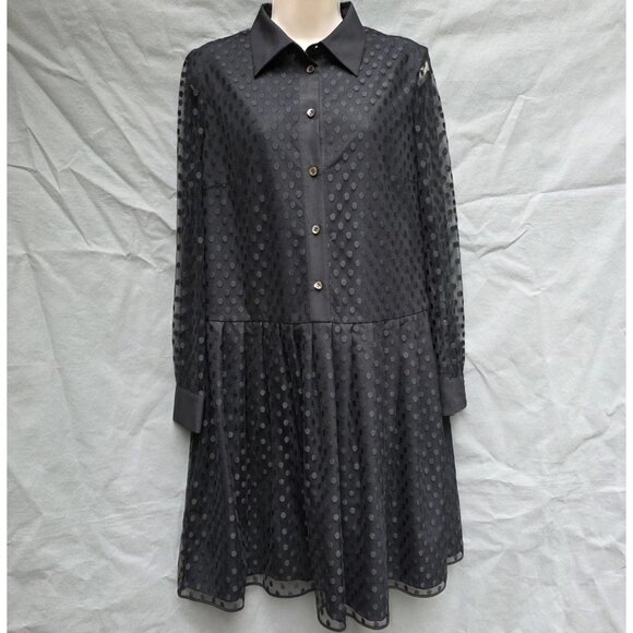 MANTU Made In Italy Black Dress Lace Dot Overlay Pleated Skirt Collared Designer - Picture 1 of 6